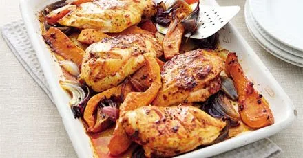 Harissa chicken & squash traybake