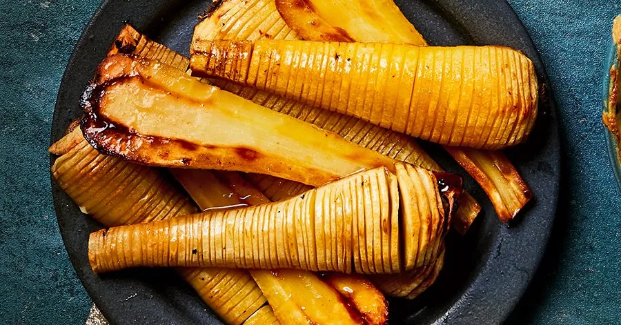Hasselback parsnips with orange & maple syrup