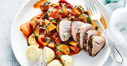 Herb & garlic pork with summer ratatouille