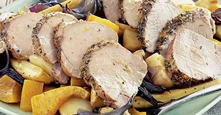 Herbed pork fillet with roast vegetables