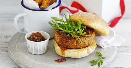 Homemade burgers with sweet potato wedges