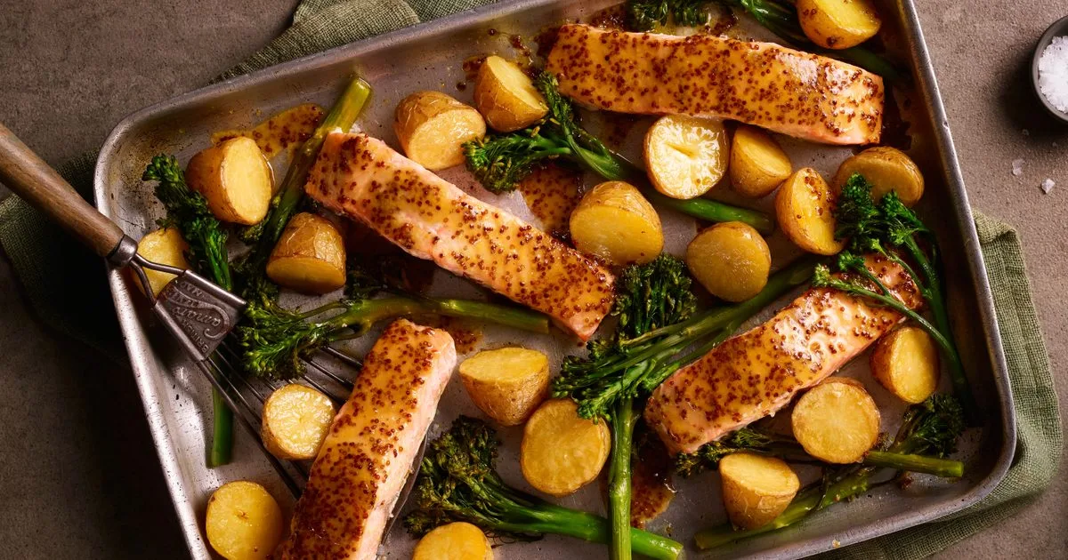 Honey mustard salmon, potato and long-stem broccoli traybake