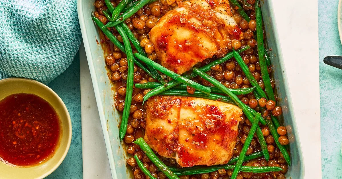 Honeyed harissa cod with crispy chickpeas