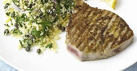 Hot mustard tuna with herby couscous