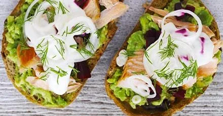 Hot-smoked salmon open sandwich with avocado