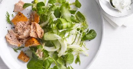 Hot smoked salmon with fennel salad & lemon mayo