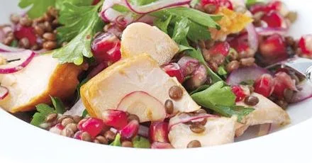 Hot-smoked salmon, lentil & pomegranate salad
