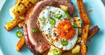 Island-style ham, pineapple egg & chips