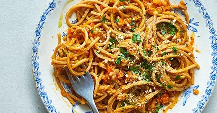 Jackfruit bolognese with vegan parmesan