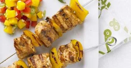 Jerk chicken kebabs with mango salsa