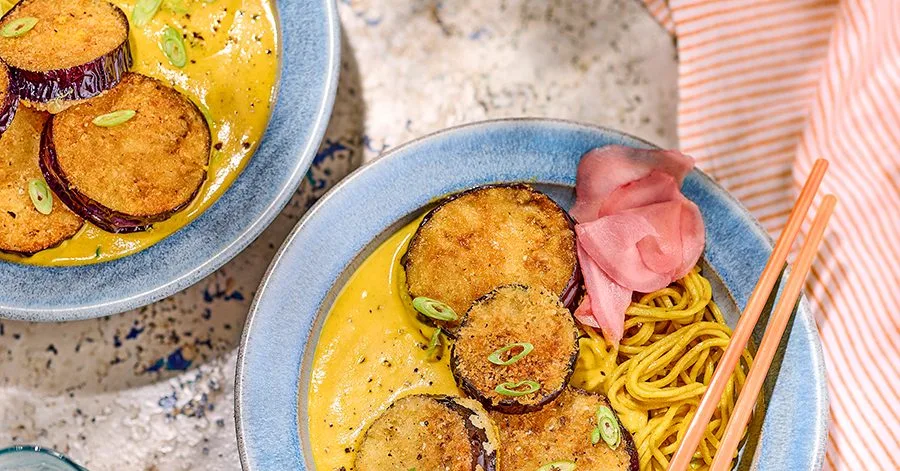 Katsu aubergine noodles