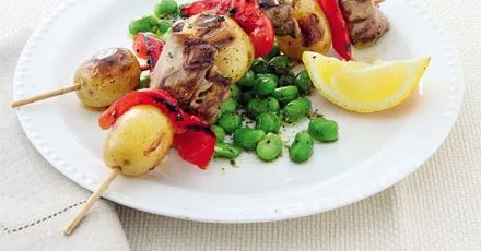 Lamb & potato kebabs with minty broad beans