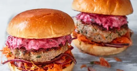 Lamb & quinoa burgers with beetroot tzatziki