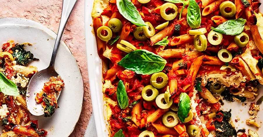 Layered tofu pasta bake