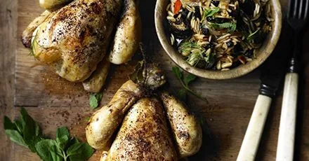 Lebanese poussin with spiced aubergine pilaf