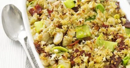 Leek, butter bean & chorizo gratin