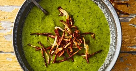 Leek, kale & potato soup topped with shoestring fries