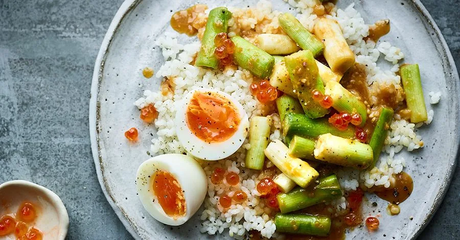 Leeks with miso dressing, eggs & keta