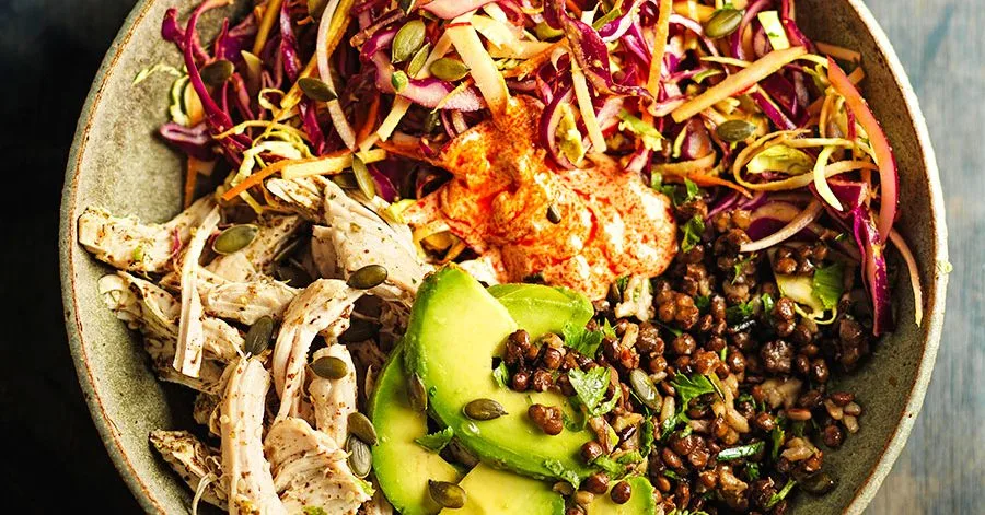 Leftover turkey grain bowls with za’atar, rainbow slaw & harissa yogurt