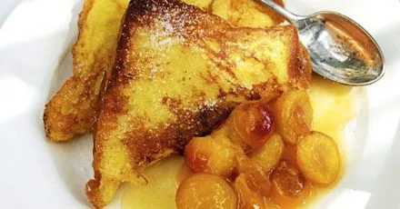 Lemon French toast with poached plums
