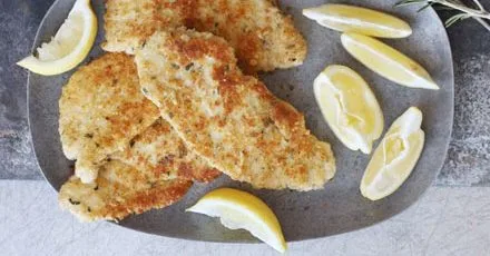 Lemon, Parmesan & pine nut crumbed pork escalopes