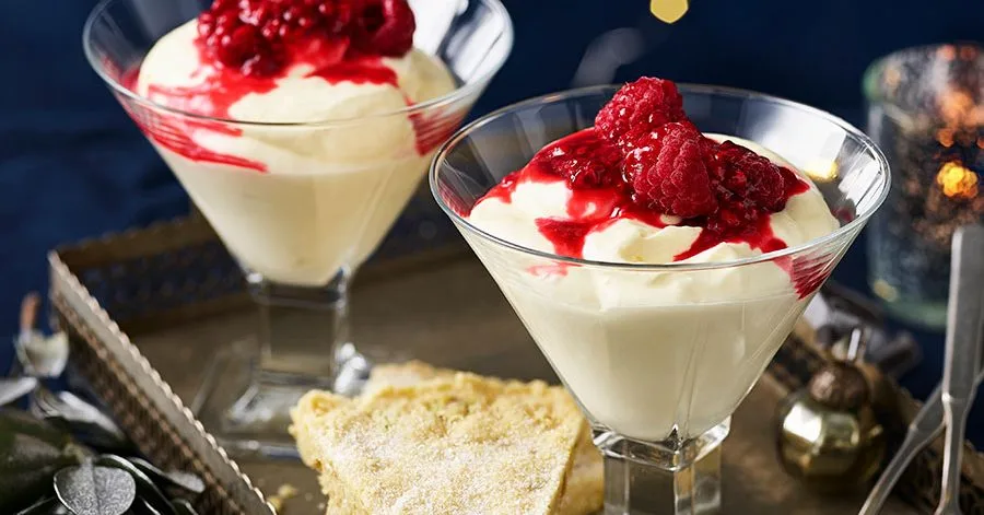 Lemon & raspberry mousse with pistachio & ginger shortbread