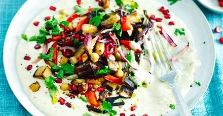 Lemon roast vegetables with yogurt tahini & pomegranate