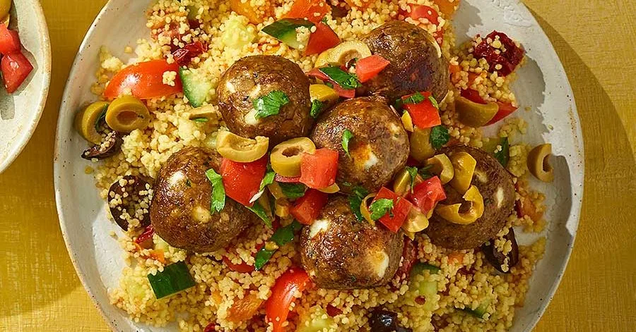 Lentil, ras-el hanout & date ‘meatballs’ with olive salsa