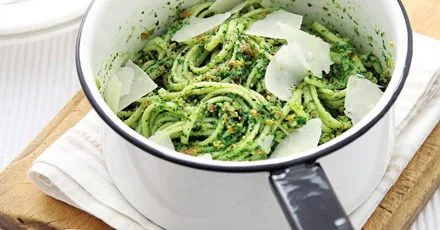 Linguine with watercress & almond pesto