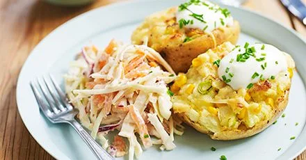 Loaded baked potatoes with slaw