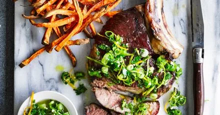 Slow cooked rib steak with Cuban mojo salsa