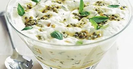 Mango basil mousse with passion fruit
