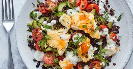 Mango chutney baked feta with lentils