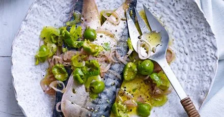 Marinated mackerel with green olive & celery dressing