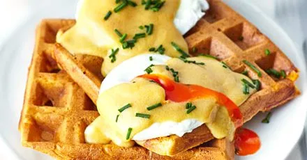 Marmite eggs benedict with waffles