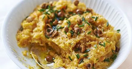 Mashed peppered roots with toasted hazelnuts