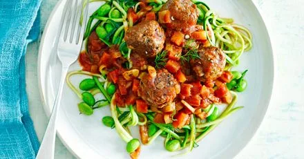 Meatballs with fennel & balsamic beans & courgette noodles