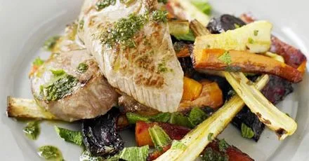 Minty lamb with warm veg salad
