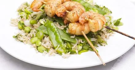 Miso prawn skewers with veggie rice salad