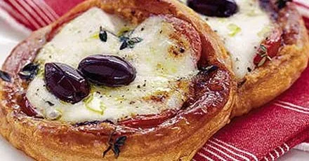 Mozzarella, tomato & black olive tarts