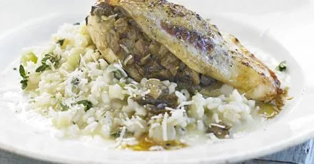Mushroom-stuffed chicken with lemon thyme risotto