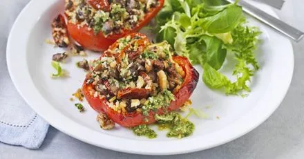 Mushroom, walnut & tomato baked peppers
