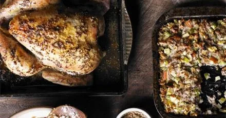Mustard-glazed roast chicken with Waldorf stuffing