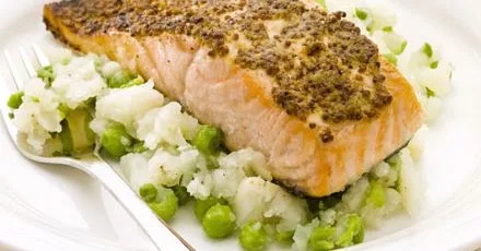Mustard salmon with pea & celeriac mash