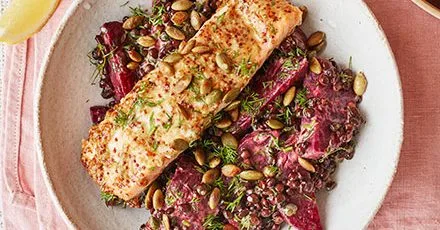 Mustardy salmon with beetroot & lentils