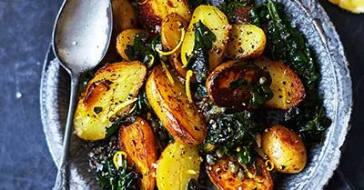 New potatoes with spinach & capers