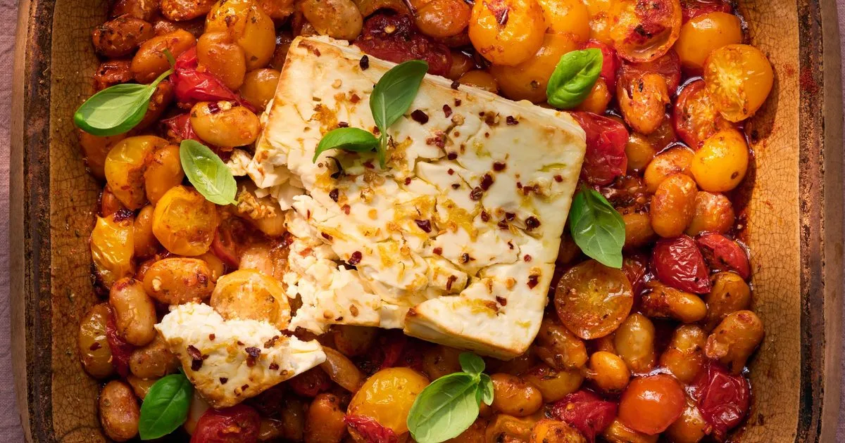 One-pan baked feta with summer tomatoes, oregano & butter beans