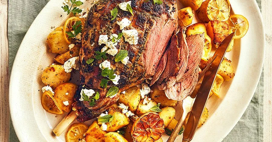 One-pan herby roast lamb with lemon, potatoes & feta