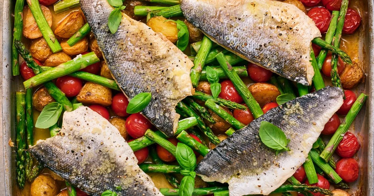 One-pan sea bass with asparagus & new potatoes