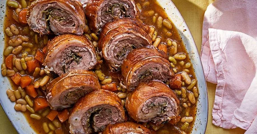 One-pot braised lamb breast with beans, carrots & mint